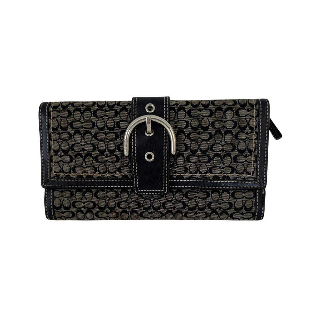 Coach Signature Monogram Logo Trifold Canvas Leather Wallet Organizer Black Gray